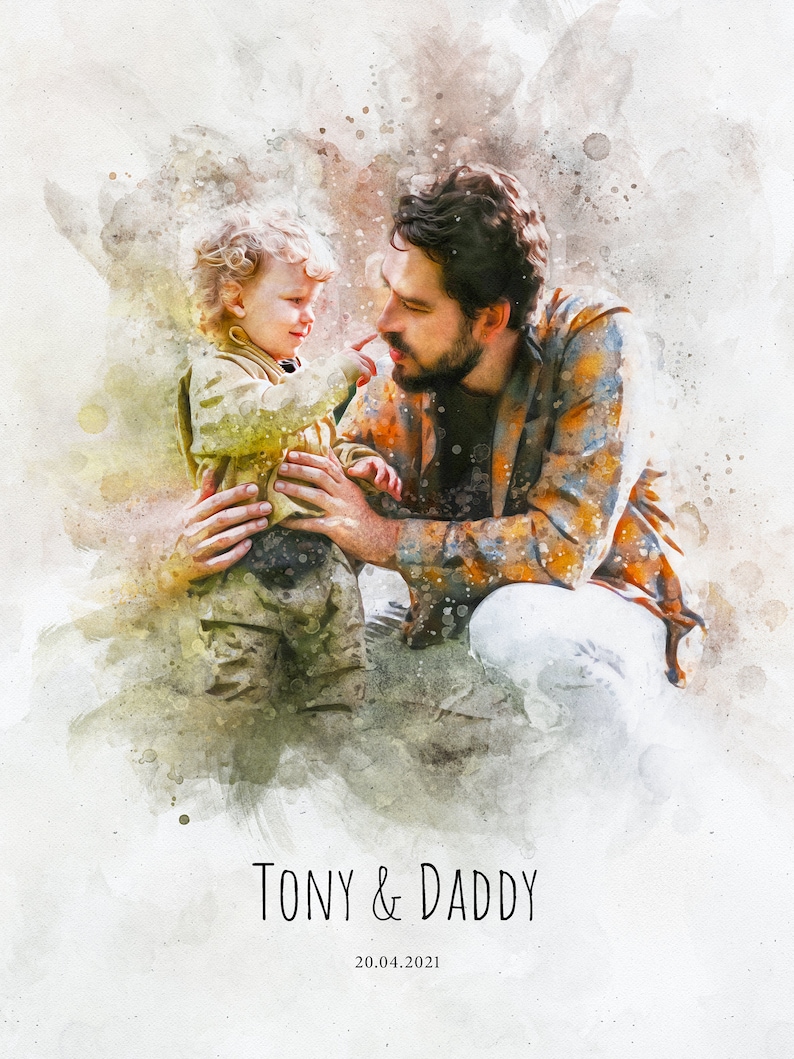 May include: A watercolor painting of a father and son. The father is wearing a plaid shirt and the son is wearing a green jacket. The father is looking at the son and the son is looking at the father. The text "TONY & DADDY 20.04.2021" is written below the image.