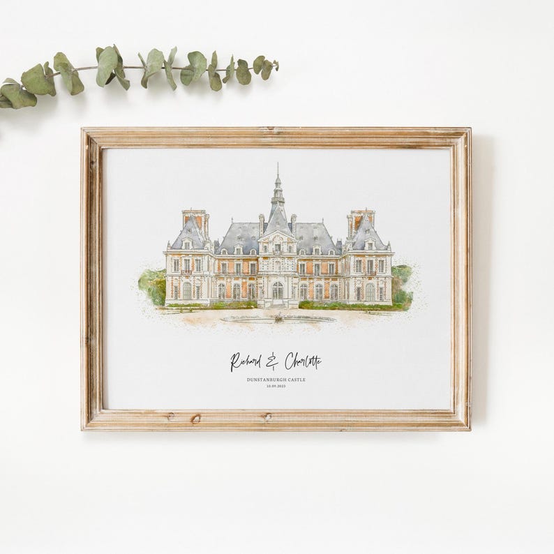 Hochzeitsort Print, Hochzeitsgeschenk, Geschenk 1.Hochzeitstag Geschenk, Hochzeitsort Skizze, Gemälde vom Foto, personalisierte Zeichnung, Paar Geschenk, V2 Bild 1