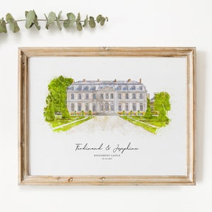 K&ouml;nnte beinhalten: Eine Aquarellillustration eines wei&szlig;en Geb&auml;udes mit einem grauen Dach, umgeben von gr&uuml;nen B&auml;umen und einem gepflasterten Weg. Der Text "Ferdinand & Josephine, Schloss Rougemont, 01.18.2023" befindet sich unterhalb des Geb&auml;udes.