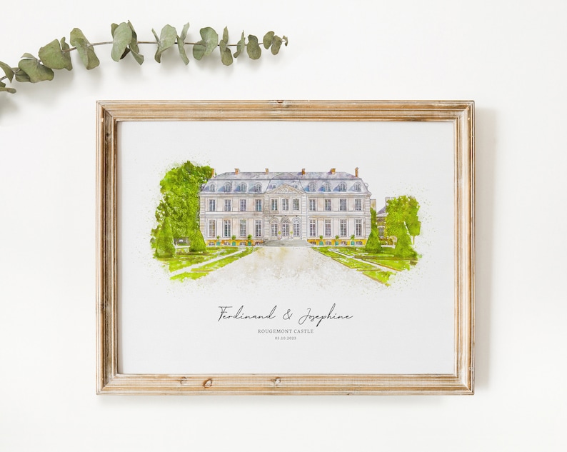 K&ouml;nnte beinhalten: Eine Aquarellillustration eines wei&szlig;en Geb&auml;udes mit einem grauen Dach, umgeben von gr&uuml;nen B&auml;umen und einem gepflasterten Weg. Der Text "Ferdinand & Josephine, Schloss Rougemont, 01.18.2023" befindet sich unterhalb des Geb&auml;udes.