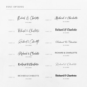 May include: A graphic showing 12 different font styles for a wedding invitation. The names "Richard & Charlotte" are displayed in each font style with the date "25.12.2022" below.
