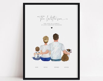 Our Family Personalized Gift, Kids and Parents Print, Custom Illustration With Pets, Couple Portrait Poster, Gift for Dad, Family Dog, FP1
