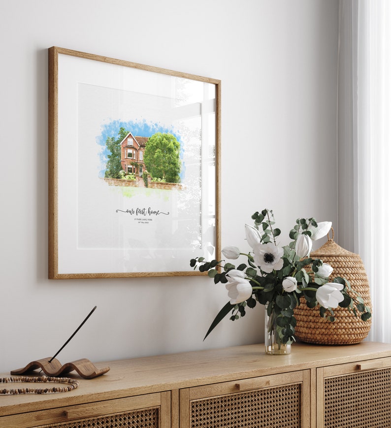 Personligt akvarellhusporträtt, present till nytt hem, inflyttningspresent, husskiss, platsteckning, vårt första hem, mäklarpresent bild 9