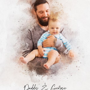 May include: A watercolor illustration of a father and his baby son. The father is holding the baby in his arms, and they are both smiling. The text "Daddy & Georgie" and "JUNE 2024" is written below the image.