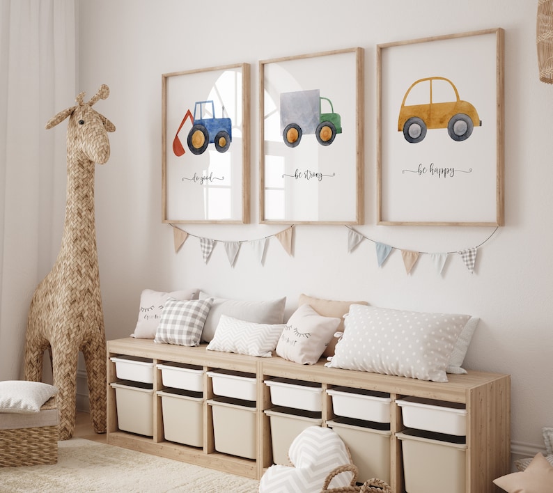 Stampe personalizzate per la scuola materna del veicolo, decorazioni per la camera del bambino della costruzione, arte della parete della galleria per bambini, poster di camion, set di trasporto dell'acquerello immagine 5