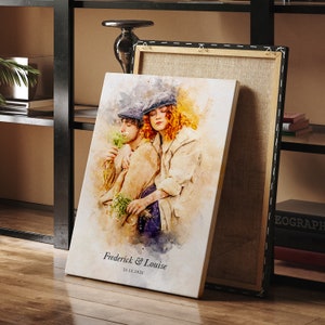 May include: A watercolor painting of a couple in vintage clothing. The woman is wearing a beige coat and a blue hat. The man is wearing a brown jacket and a blue hat. They are holding a bouquet of flowers. The painting is titled "Frederick & Louise" and the date "25.12.2022" is written below the title.