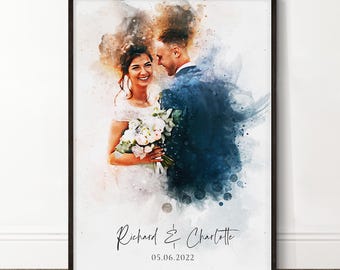 Personalised Wedding Portrait, Painting from Photo, Custom Watercolour Print, Couple Anniversary, Handmade Illustration, Gift Her Him [fbk]