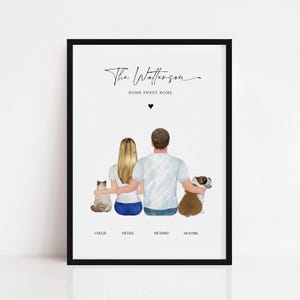 Könnte beinhalten: Gerahmter Kunstdruck mit einer Familienillustration, die ein Paar, eine Katze und einen Hund zeigt. Der Text lautet "The Watterson" und "HOME SWEET HOME". Unter den Figuren stehen die Namen "Chloe", "Nicole", "Richard" und "Hunter".