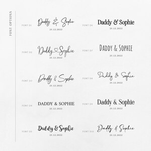 May include: Ten different font options for a wedding invitation or announcement. The text reads "Daddy & Sophie" with the date "25.12.2022" below.