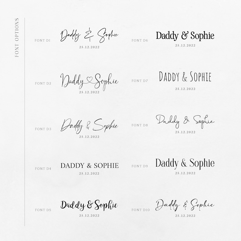 May include: Ten different font options for a wedding invitation or announcement. The text reads "Daddy & Sophie" with the date "25.12.2022" below.