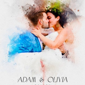 May include: A watercolour painting of a couple kissing. The bride is wearing a white dress and a floral crown. The groom is wearing a blue suit. The text "ADAM & OLIVIA 08.11.2021" is written below the couple.