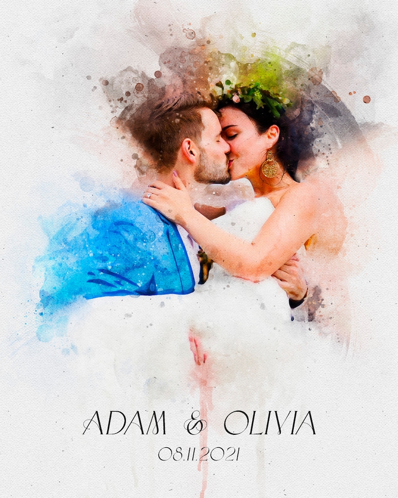 May include: A watercolour painting of a couple kissing. The bride is wearing a white dress and a floral crown. The groom is wearing a blue suit. The text "ADAM & OLIVIA 08.11.2021" is written below the couple.