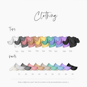 May include: A chart showing different color options for tops and pants. The tops are long-sleeved sweatshirts in nine different colors. The pants are in nine different colors. The text "Tops" and "Pants" are at the top of each chart. The text "TG1" through "TG9" is below the tops and "P1" through "P9" is below the pants.