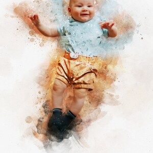 May include: A watercolor painting of a baby boy wearing a light blue shirt and yellow shorts. The baby is smiling and has a watercolor background.