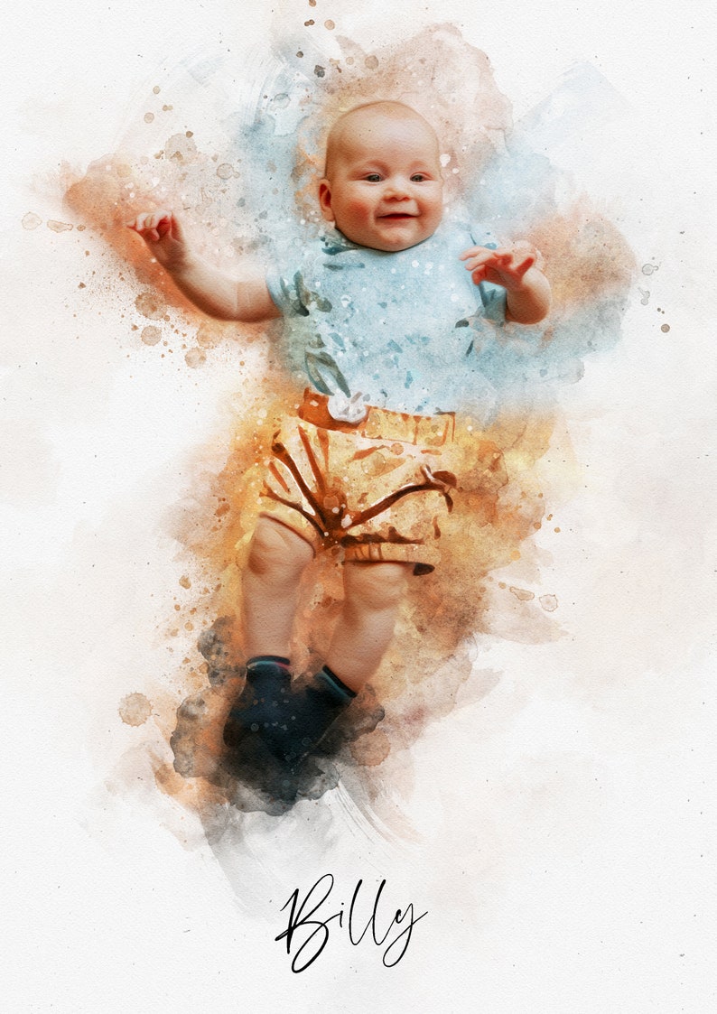 May include: A watercolor painting of a baby boy wearing a light blue shirt and yellow shorts. The baby is smiling and has a watercolor background.