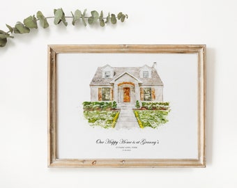 Grandparents Custom Home Portrait Print, Printable Paintig from Photo Grandma & Grandpa House Watercolour, Nana, Grandad Housewarming Gift