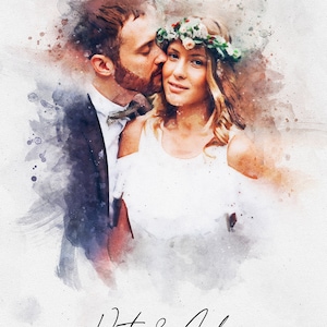 May include: A watercolour painting of a couple kissing. The woman is wearing a white dress and a flower crown. The man is wearing a suit and a bow tie. The text "Victor & Andrea 01.03.2022" is written below the couple.