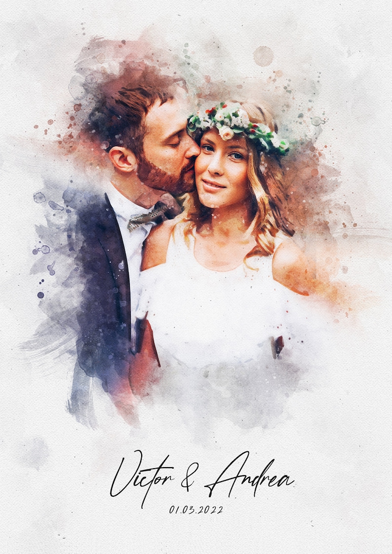 May include: A watercolour painting of a couple kissing. The woman is wearing a white dress and a flower crown. The man is wearing a suit and a bow tie. The text "Victor & Andrea 01.03.2022" is written below the couple.
