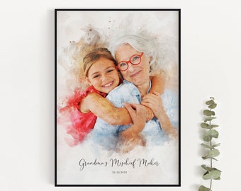 Custom Print for Grandma and Grandad, Grandparents Christmas Gifts, Personalised Watercolour Portrait, Painting from Photo, Nanny X-mas Gift