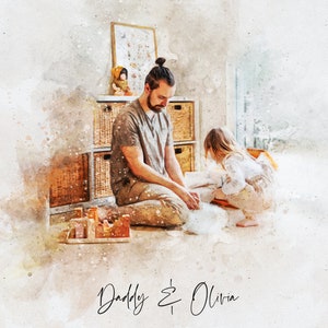 May include: A watercolor illustration of a father and daughter playing together on the floor. The father is wearing a grey shirt and the daughter is wearing a white shirt. The text "Daddy & Olivia" is written below the image, along with the words "Happy Father's Day".