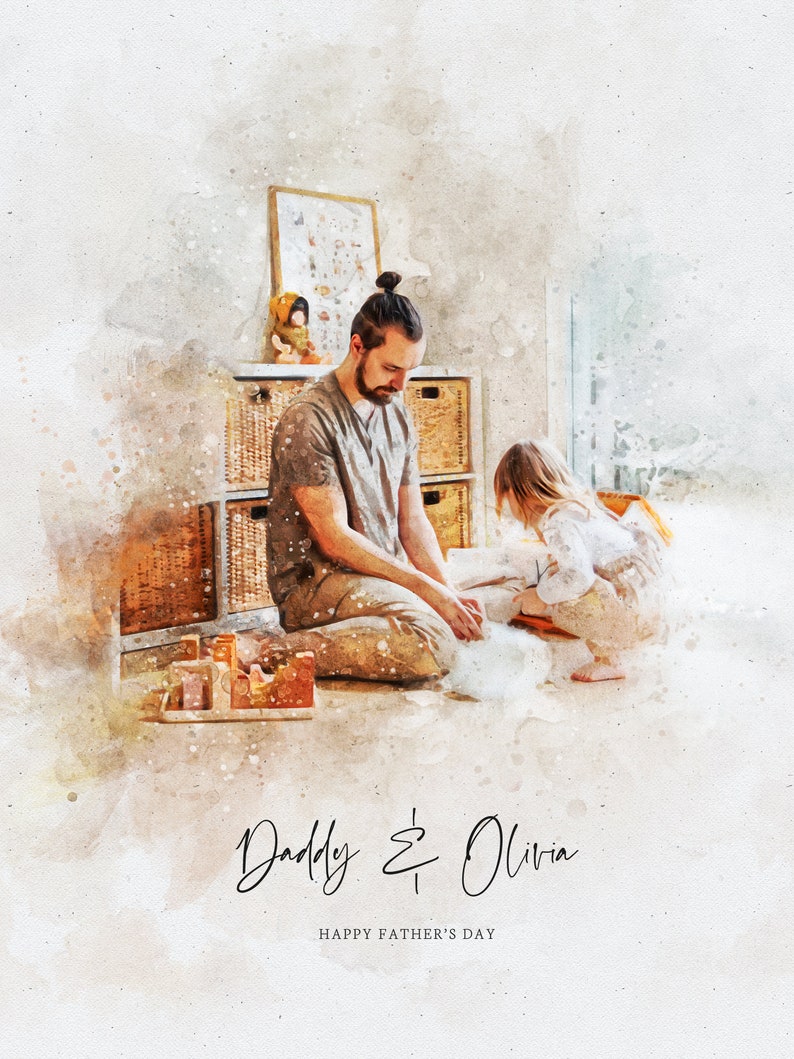 May include: A watercolor illustration of a father and daughter playing together on the floor. The father is wearing a grey shirt and the daughter is wearing a white shirt. The text "Daddy & Olivia" is written below the image, along with the words "Happy Father's Day".