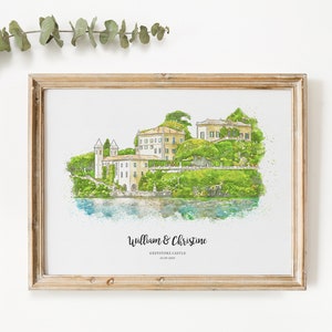 K&ouml;nnte beinhalten: Eine Aquarellillustration eines Geb&auml;udes mit einem See im Vordergrund. Der Text "William & Christine" befindet sich unter dem Bild, zusammen mit dem Text "Greystoke Castle 20.08.2023".