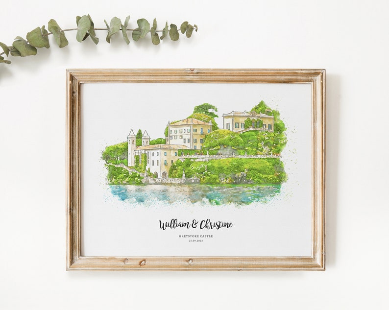K&ouml;nnte beinhalten: Eine Aquarellillustration eines Geb&auml;udes mit einem See im Vordergrund. Der Text "William & Christine" befindet sich unter dem Bild, zusammen mit dem Text "Greystoke Castle 20.08.2023".