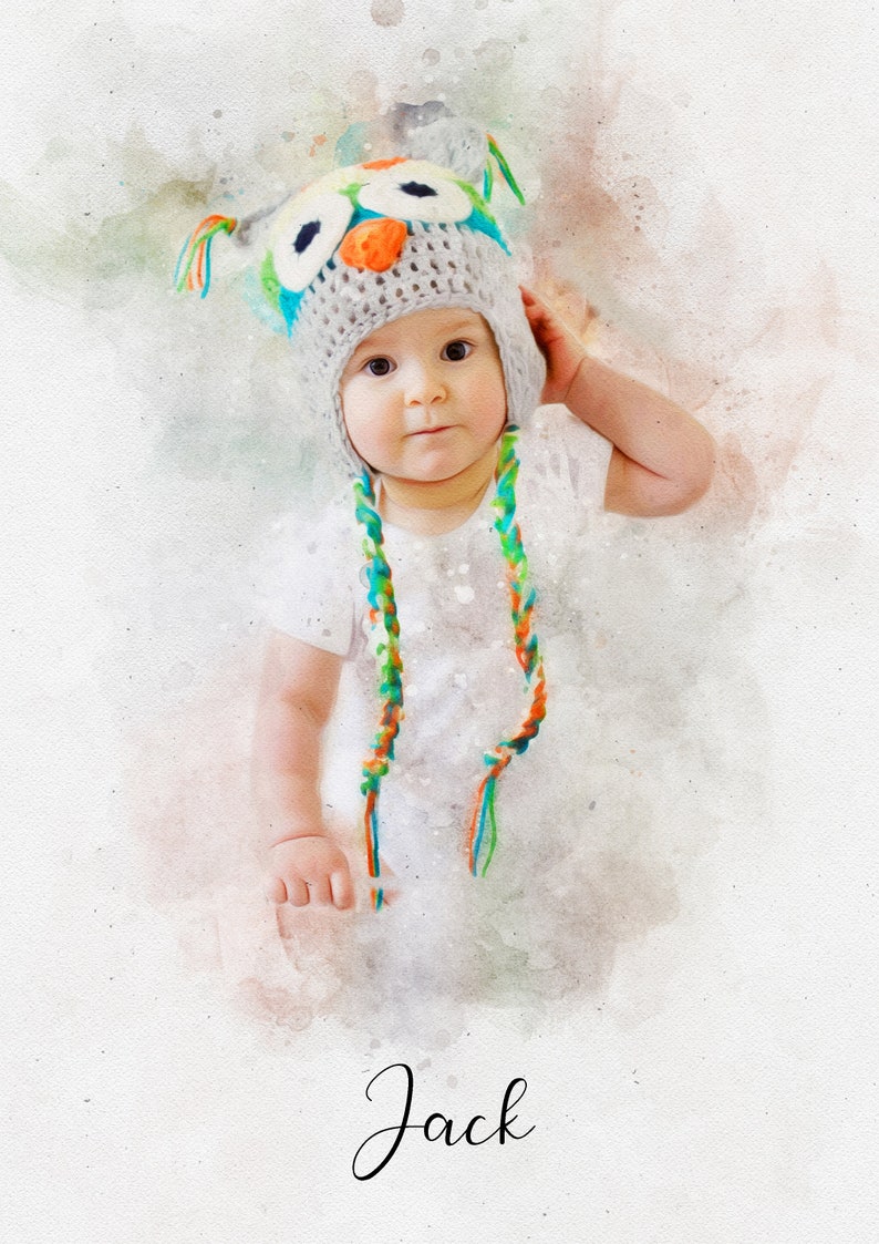 May include: A watercolor painting of a baby wearing a gray and white owl hat with colorful yarn strings. The baby is wearing a white shirt and the name "Jack" is written below the image.