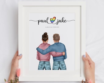 Impresión personalizada de retrato de pareja LGBTQ, regalo de arte gay personalizado, CP