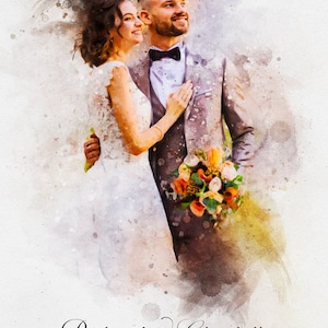 May include: A watercolour painting of a bride and groom in their wedding attire. The bride is wearing a white dress and the groom is wearing a grey suit. They are standing close together and looking up. The painting has a soft, romantic feel.