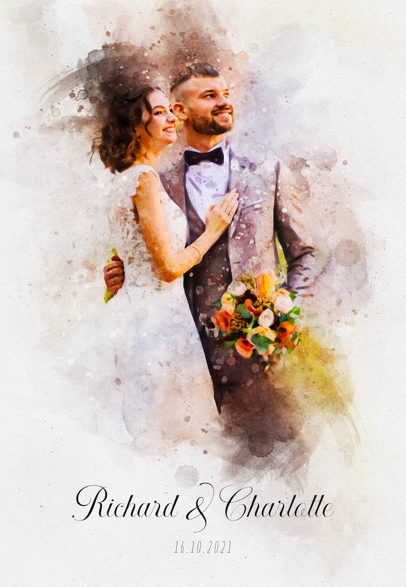 May include: A watercolour painting of a bride and groom in their wedding attire. The bride is wearing a white dress and the groom is wearing a grey suit. They are standing close together and looking up. The painting has a soft, romantic feel.