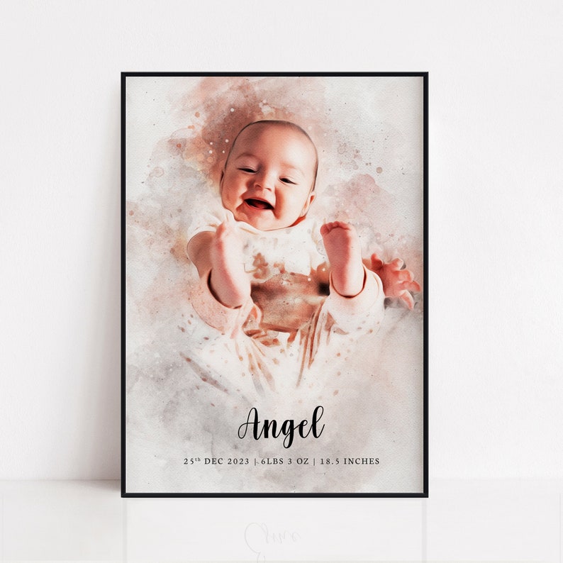 May include: A watercolor portrait of a baby with a pink and white background. The baby is smiling and has their feet up in the air. The text "Angel" is written below the baby's image, along with the date "25th DEC 2023", weight "6 LBS 3 OZ", and length "18.5 INCHES".