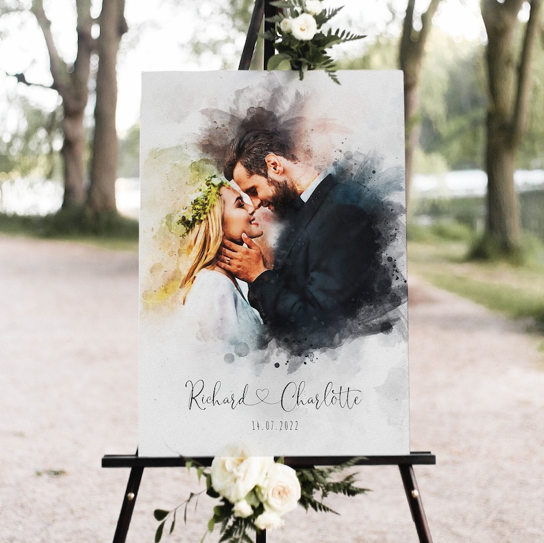 May include: A watercolour wedding sign featuring a photograph of a couple kissing. The sign is on an easel and displays the names "Richard & Charlotte" and the date "14.07.2022".