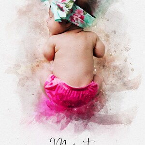 May include: A watercolor illustration of a baby girl sleeping in a pink diaper. The baby is wearing a floral headband and the text "Margot 25th DEC 2023 | 6 LBS 3 OZ | 18.5 INCHES" is below the image.