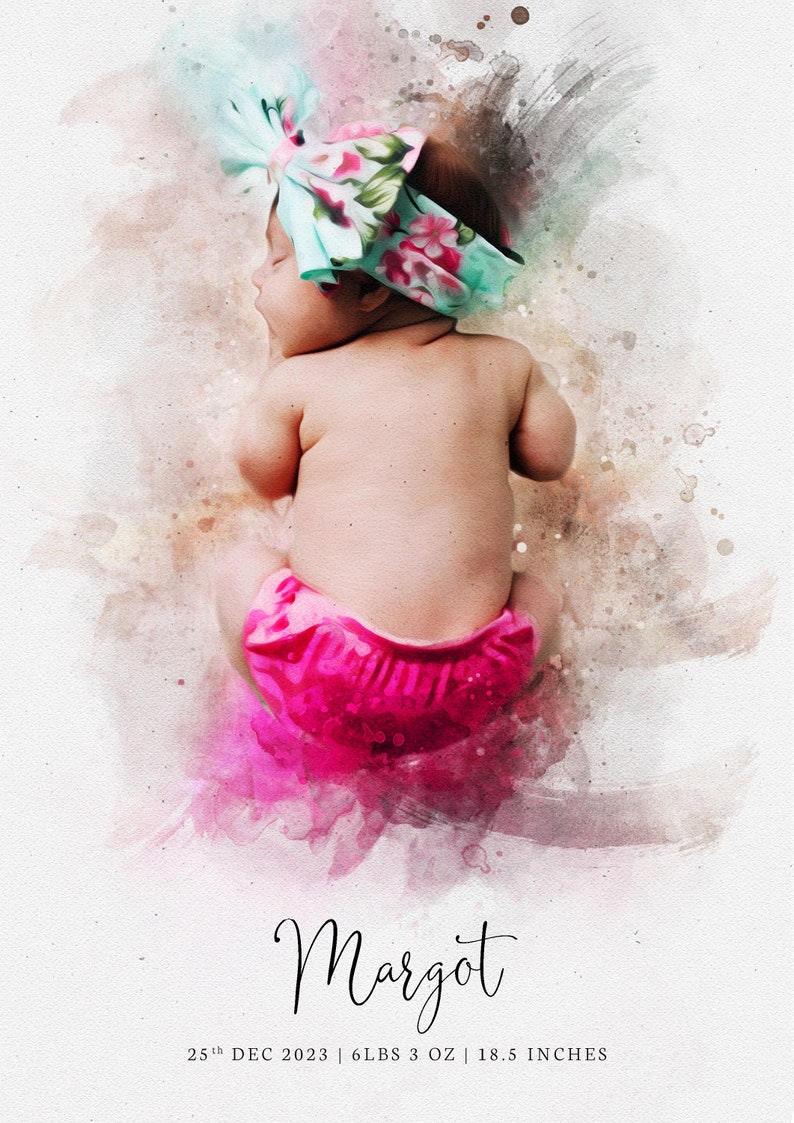 May include: A watercolor illustration of a baby girl sleeping in a pink diaper. The baby is wearing a floral headband and the text "Margot 25th DEC 2023 | 6 LBS 3 OZ | 18.5 INCHES" is below the image.