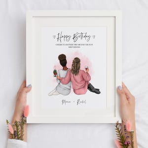 May include: A white framed print with a pink watercolor background featuring two women with brown hair holding glasses of wine. The text reads "Happy Birthday" and "Cheers to another trip around the sun! Keep shining." with the names "Monica + Rachel" at the bottom.