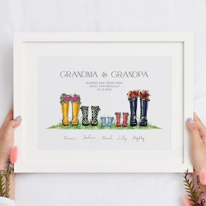 Gepersonaliseerde grootouderprint, regenlaarzen aangepast cadeau oma en opa, regenlaarzen familie, ingelijste prints, kerstcadeau, CP