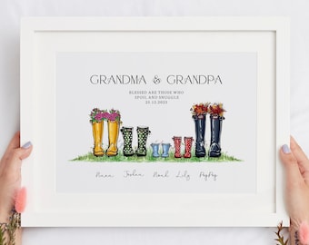 Personalisierte Großeltern Druck, Gummistiefel Benutzerdefinierte Oma & Opa Geschenk, Familie Gummistiefel, gerahmte Drucke, Weihnachtsgeschenk, DP