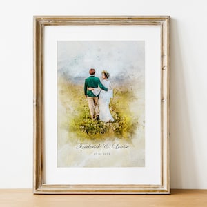 May include: A watercolor painting of a couple walking away from the camera in a field. The couple is wearing wedding attire. The painting has a soft, romantic feel. The text "Frederick & Louise 07.05.2023" is at the bottom of the painting.