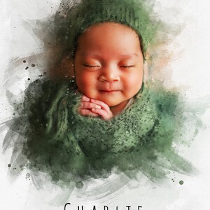 May include: A watercolor painting of a newborn baby named Charlie, sleeping peacefully in a green knitted blanket. The baby is wearing a green knitted hat. The text below the baby reads "Charlie 25th DEC 2023 | 6 LBS 3 OZ | 18.5 INCHES".
