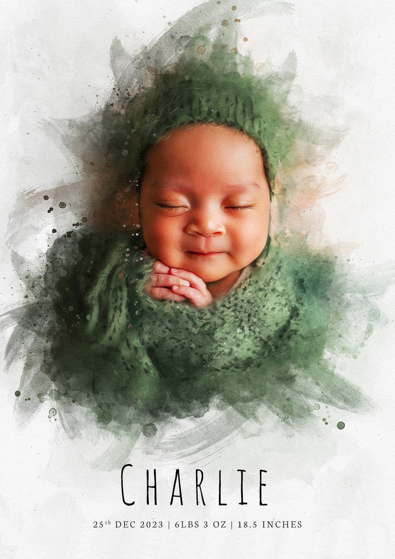 May include: A watercolor painting of a newborn baby named Charlie, sleeping peacefully in a green knitted blanket. The baby is wearing a green knitted hat. The text below the baby reads "Charlie 25th DEC 2023 | 6 LBS 3 OZ | 18.5 INCHES".