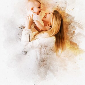 May include: A watercolor painting of a mother and child. The mother is holding the child in her arms and they are both smiling. The text "Noah &hearts; Patricia" is written below the image.