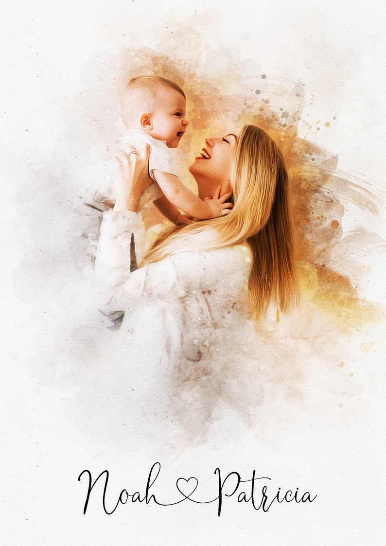 May include: A watercolor painting of a mother and child. The mother is holding the child in her arms and they are both smiling. The text "Noah &hearts; Patricia" is written below the image.