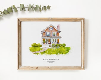 Portrait de maison personnalisé à l'aquarelle, impression de maison neuve, cadeau de pendaison de crémaillère, croquis de maison, dessin de lieu, première maison, cadeau d'agent immobilier