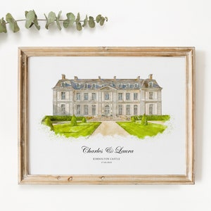 K&ouml;nnte beinhalten: Ein Aquarellgem&auml;lde eines wei&szlig;en Schlosses mit gr&uuml;nen B&auml;umen und einem Weg, der zur Eingangst&uuml;r f&uuml;hrt. Der Text "Charles & Laura Kimbolton Castle 17.06.2023" ist unter dem Bild gedruckt.