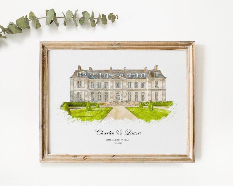 K&ouml;nnte beinhalten: Ein Aquarellgem&auml;lde eines wei&szlig;en Schlosses mit gr&uuml;nen B&auml;umen und einem Weg, der zur Eingangst&uuml;r f&uuml;hrt. Der Text "Charles & Laura Kimbolton Castle 17.06.2023" ist unter dem Bild gedruckt.
