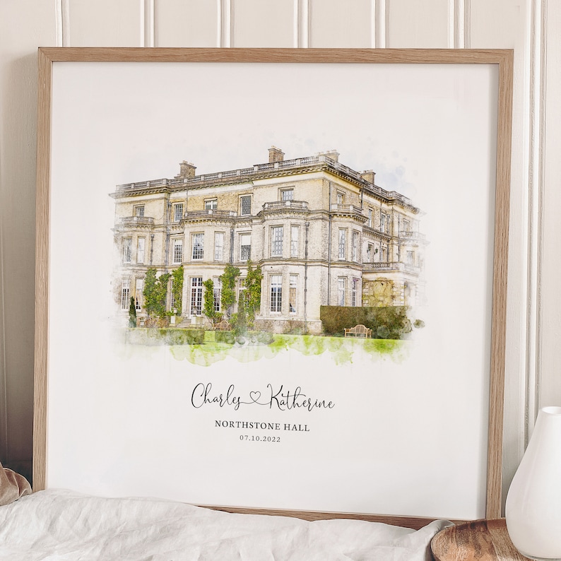 Wedding Venue Print, Wedding Gift, 1st Wedding Anniversary Present, Venue Sketch, Painting from Photo, Personalised Drawing, Couple Gift image 1