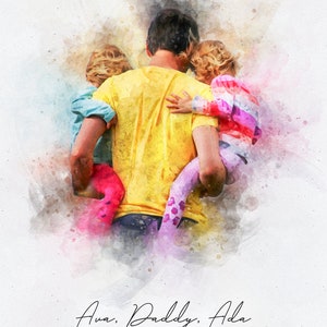 May include: A watercolor painting of a father carrying two children on his back. The children are holding onto the father's shoulders. The father is wearing a yellow shirt and the children are wearing colorful clothing. The text "Ava, Daddy, Ada" and "We love you Daddy 2024" is written below the image.