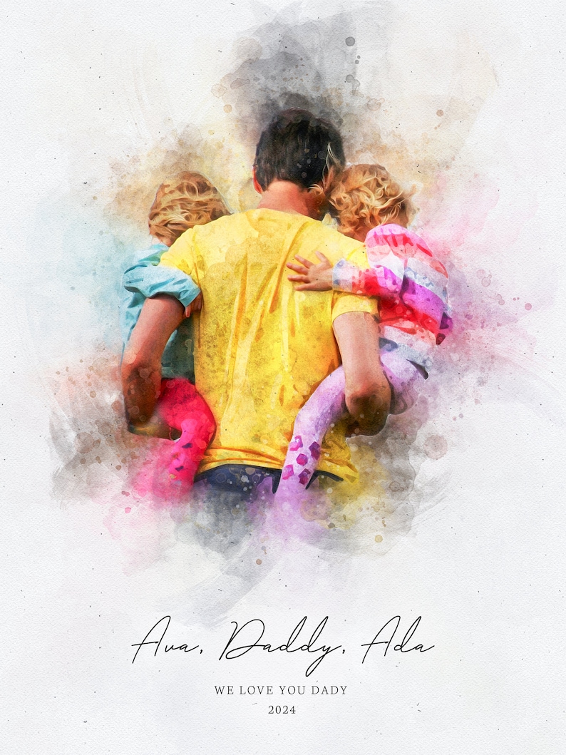 May include: A watercolor painting of a father carrying two children on his back. The children are holding onto the father's shoulders. The father is wearing a yellow shirt and the children are wearing colorful clothing. The text "Ava, Daddy, Ada" and "We love you Daddy 2024" is written below the image.