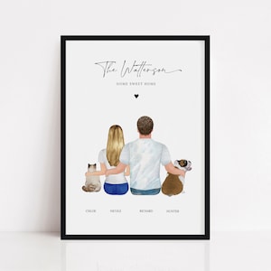 Póster de retrato familiar personalizado, regalo de inauguración de la casa personalizado para pareja con mascotas, impresión de mamá y papá con gato y perro, decoración del hogar para esposa y esposo